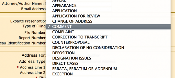 Pulldown menu for Filing type on the FCC's Electronic Comment Filing System (ECFS)