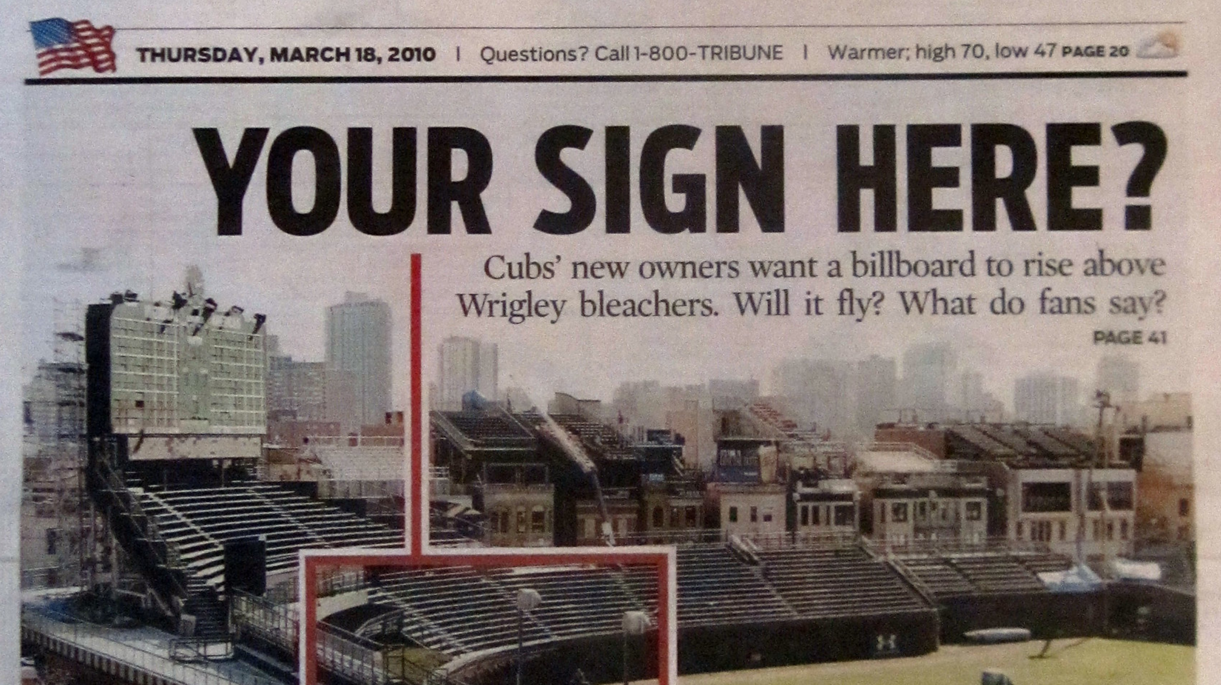 Snip of "Your Sign Here?": Article re: Wrigley Field landmark permit application for sign in left field